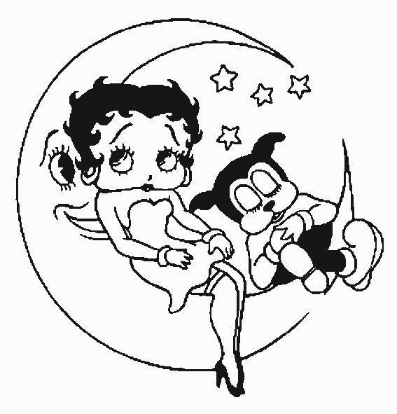 coloriage betty boop dans la lune avec son chien